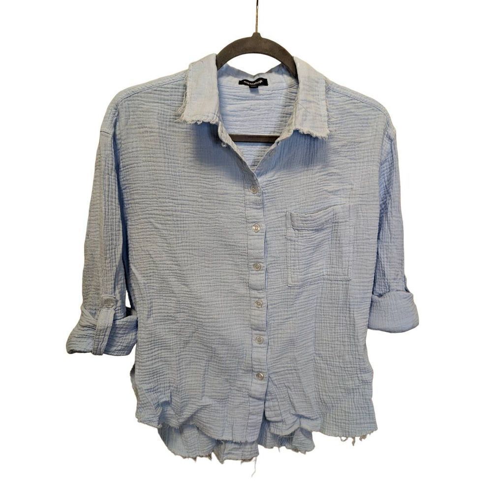 Mittoshop Blue 3/4 Sleeve 100%Cotton Button Down Blouse Size Medium